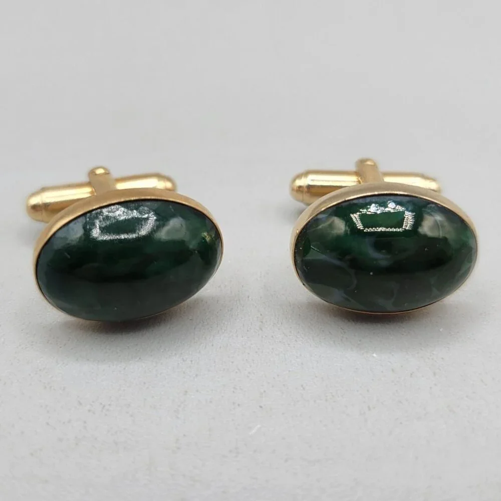 Green Jasper Stone Cuff Links Gold Tone Setting Bullet Back